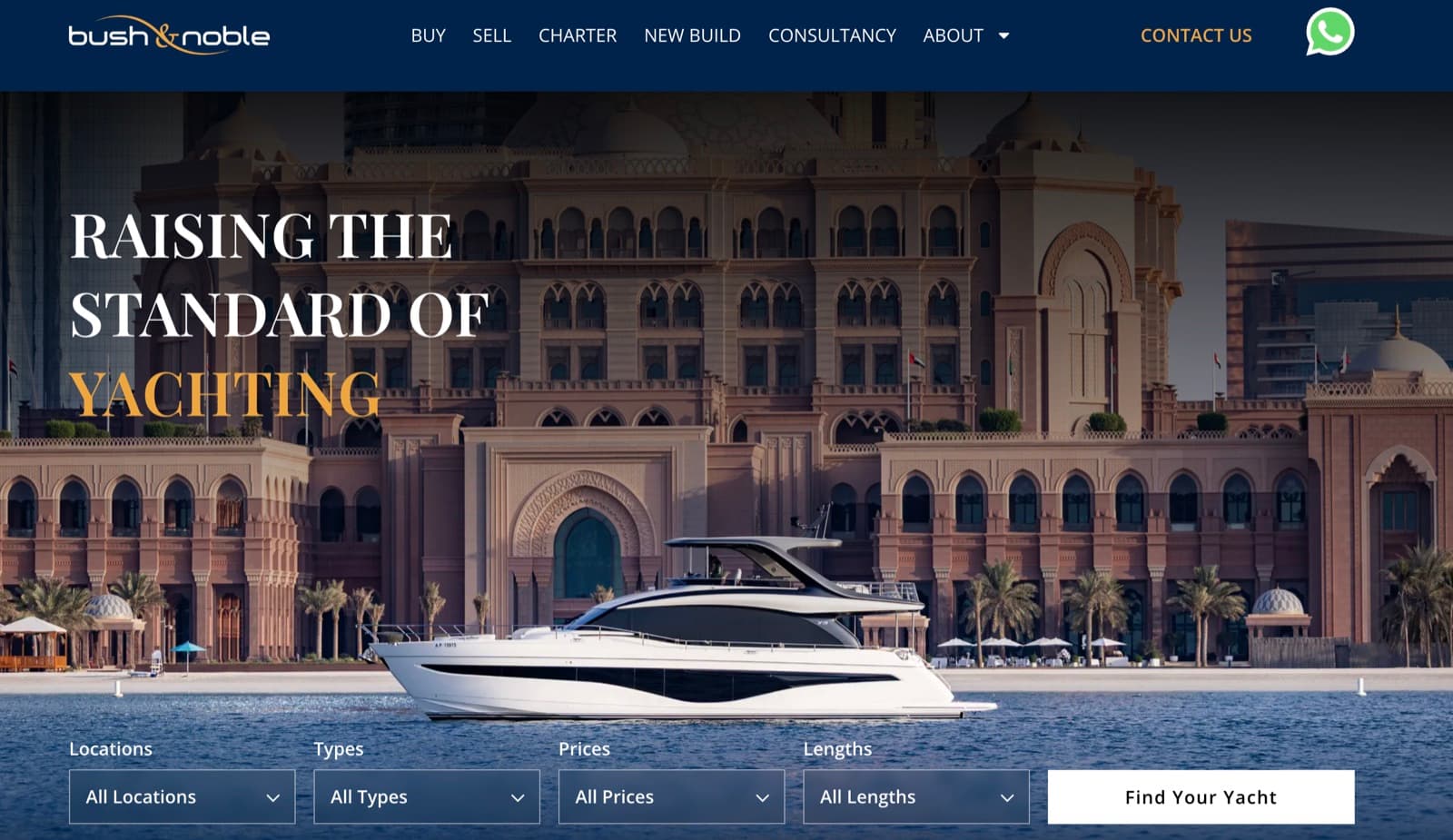The Bush & Noble homepage, showing a motor yacht in front of the Emirates Palace and a yacht search panel.